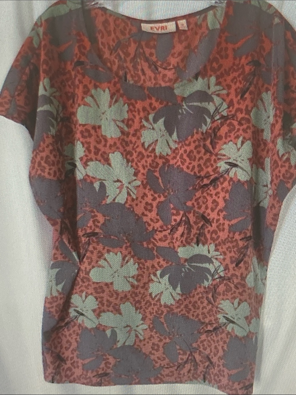 EVRI Red Floral and Leaf Print Short Sleeve Blouse